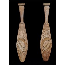 Pair of Northwest Coast Dance Paddles with Carved Design 13 3/4" L. 2 3/4" W.  Both In Good Conditio