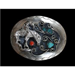 Southwest Belt Buckle with Horse and Rider Design and Turquoise Nuggets 2 3/8"x 3"  Good Condition