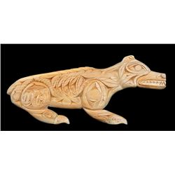 Yellow Cedar Bear Panel Carved with Eagle and Salmon Feet 44" L. 19" H.  As Is