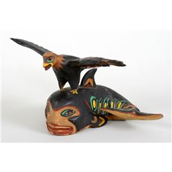 Simon Charlie Carved Killer Whale with Eagle on Top 7 1/2" L.  As Is