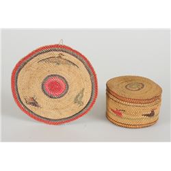 Two Nuu-chah-nulth Basketry items; a Lidded Basket 3 1/2" D. 2 1/4" H. and a Mat 5 1/2" D.  Both wit