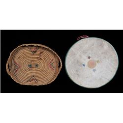 Inuit Woven Grass Basketry Tray with Handles 13" L. 10" W. Fair Condition and a Painted Drum 13" D. 