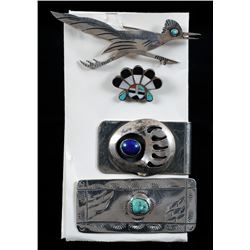 Two Southwest Silver Money Clips 1 3/4" L. - 2 1/4" W. and Two Silver and Turquoise Pins 7/8" W. - 2