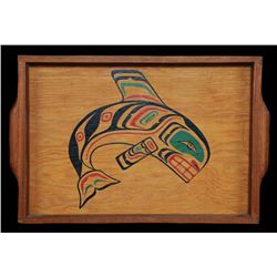 Wooden Tea Tray with Painted Killer Whale by Stephen Hunt - Bella Bella, B.C. 11 1/4"x 17 1/4"  Good