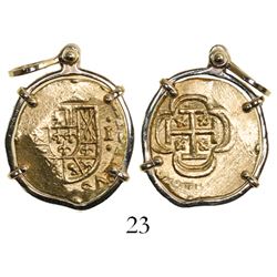 Mexico City, Mexico, cob 1 escudo, (1714J), from the 1715 Fleet, mounted in 14k gold pendant-bezel.