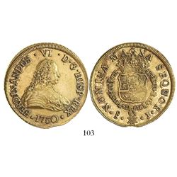 Santiago, Chile, bust 8 escudos, Ferdinand VI, 1750J, from the Luz (1752).