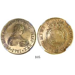 Santiago, Chile, bust 8 escudos, Ferdinand VI, 1751J, from the Luz (1752), encapsulated NGC MS 61.