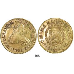 Santiago, Chile, bust 8 escudos, Ferdinand VI, 1751J, from the Luz (1752).