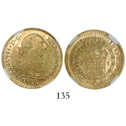 Popayan, Colombia, bust 2 escudos, Charles III, 1782SF, encapsulated NGC AU 55.