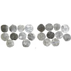 Lot of 10 Potosi, Bolivia, cob 8 reales, Philip II and/or III, various assayers (where visible), all