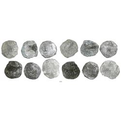 Lot of 6 Potosi, Bolivia, cob 8 reales, Philip II and/or III, various assayers (where visible), all 