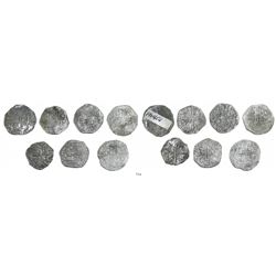 Lot of 7 Potosi, Bolivia, cob 4 reales, Philip II and/or III, various assayers (where visible), all