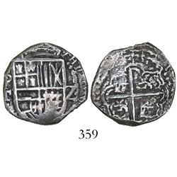 Potosi, Bolivia, cob 2 reales, Philip III, assayer T, Grade 1.