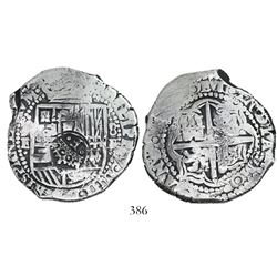 Potosi, Bolivia, cob 8 reales, (1651-2)E, with crowned-dot-F-dot countermark on shield.