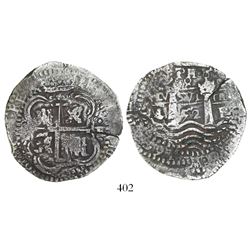 Potosi, Bolivia, cob 8 reales, 1652E, 1-PH-6 at top, post-transitional (Transitional Type VIII/B).