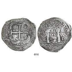 Potosi, Bolivia, cob 8 reales, 1652E, 1-PH-6 at top, post-transitional (Transitional Type VIII/B).