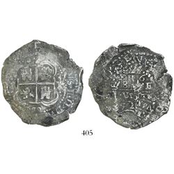 Potosi, Bolivia, cob 8 reales, 1652E, 1-PH-6 at top, post-transitional (Transitional Type VIII/B).