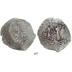 Potosi, Bolivia, cob 8 reales, 1652E, 1-PH-6 at top, post-transitional (Transitional Type VIII/B).