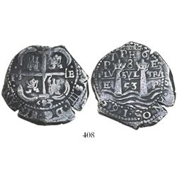 Potosi, Bolivia, cob 8 reales, 1653E, 1-PH-6 at top (rare).