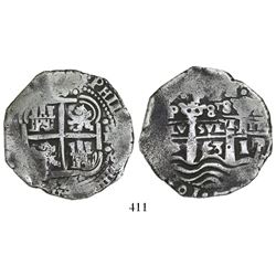 Potosi, Bolivia, cob 8 reales, 1653E, dot-PH-dot at top.