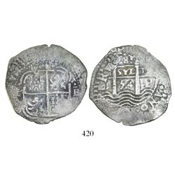 Potosi, Bolivia, cob 8 reales, 1654E, dot-PH-dot at top.