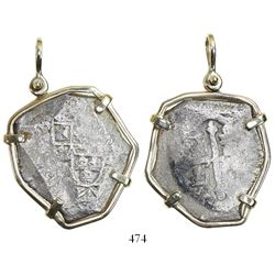 Mexico City, Mexico, cob 8 reales, (17)08(J), very rare, in 14K gold pendant-bezel.
