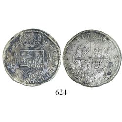 Segovia, Spain, milled 2 reales "pistareen," Philip V, 1721F, rare type from this wreck.