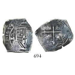 Mexico City, Mexico, cob 2 reales, 1654P, full date (rare).