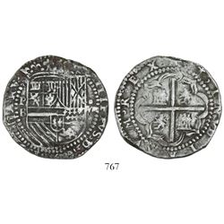 Potosi, Bolivia, cob 8 reales, Philip II, assayer B (2nd period), "Great Module."