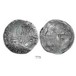 Potosi, Bolivia, cob 8 reales, Philip II, assayer B (3rd period).