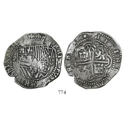 Potosi, Bolivia, cob 8 reales, Philip II, assayer B (3rd period, crude style).