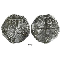Potosi, Bolivia, cob 8 reales, Philip II, assayer B (4th period), upper-right lion rotated.