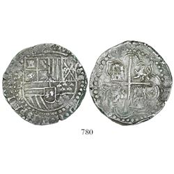 Potosi, Bolivia, cob 8 reales, Philip II, assayer B (4th period).