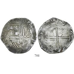 Potosi, Bolivia, cob 8 reales, Philip II, assayer B (4th period).