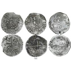 Lot of 3 Potosi, Bolivia, cob 8 reales, Philip II, assayers A, B (4th period) and RL.