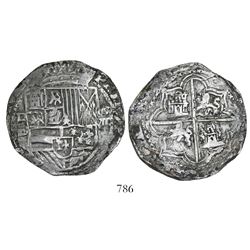 Potosi, Bolivia, cob 8 reales, Philip II, assayer B (5th period), borders of x's.