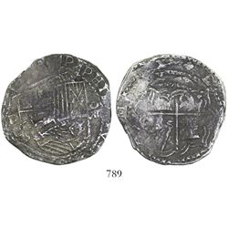 Potosi, Bolivia, cob 8 reales, Philip II, assayer B (5th period), borders of x's.