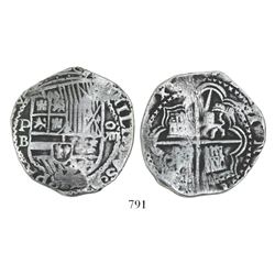 Potosi, Bolivia, cob 8 reales, Philip II, assayer B (5th period), borders of x's.