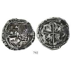 Potosi, Bolivia, cob 8 reales, Philip II, assayer B (5th period, late style).