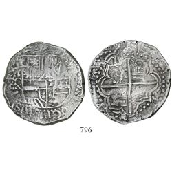 Potosi, Bolivia, cob 8 reales, Philip III, assayer Q, quadrants of cross transposed and with rotated