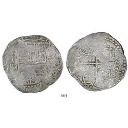 Potosi, Bolivia, cob 8 reales, Philip III, assayer M (pre-dating), quadrants of cross transposed.