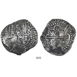 Potosi, Bolivia, cob 8 reales, Philip III, assayer T, lions and castles transposed in shield and cro