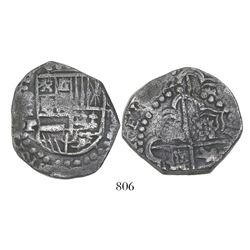 Potosi, Bolivia, cob 8 reales, (16)22P, lions and castles transposed in shield and cross, rare.