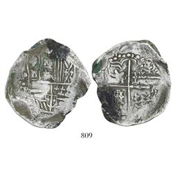 Potosi, Bolivia, cob 8 reales, Philip IV, assayer dot-P (1620s), lions and castles transposed in shi