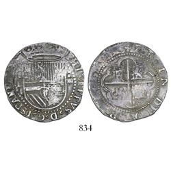 Potosi, Bolivia, cob 4 reales, Philip II, assayer L (1st period), upper-right lion punched over cast