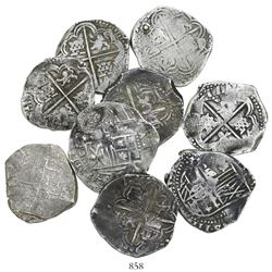Lot of 9 Potosi, Bolivia, cob 4 reales, Philip II, III and IV, various assayers (where visible).