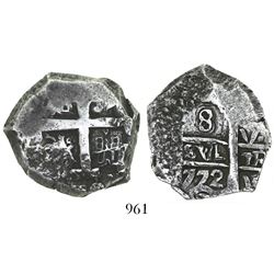 Potosi, Bolivia, cob 8 reales, 1772V-Y, second assayer at bottom right.
