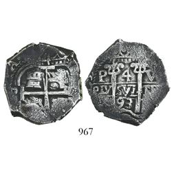 Potosi, Bolivia, cob 4 reales, 1693VR.