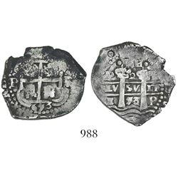 Potosi, Bolivia, cob 2 reales, 1653E, dot-PH-dot at top.