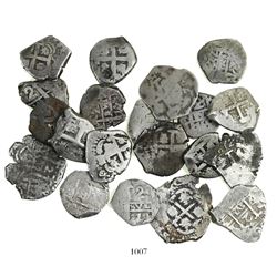 Large lot of 20 Potosi, Bolivia, cob 2R, various kings and dates: 1686VR, 1701Y, 1702Y, 1705Y, 1710Y